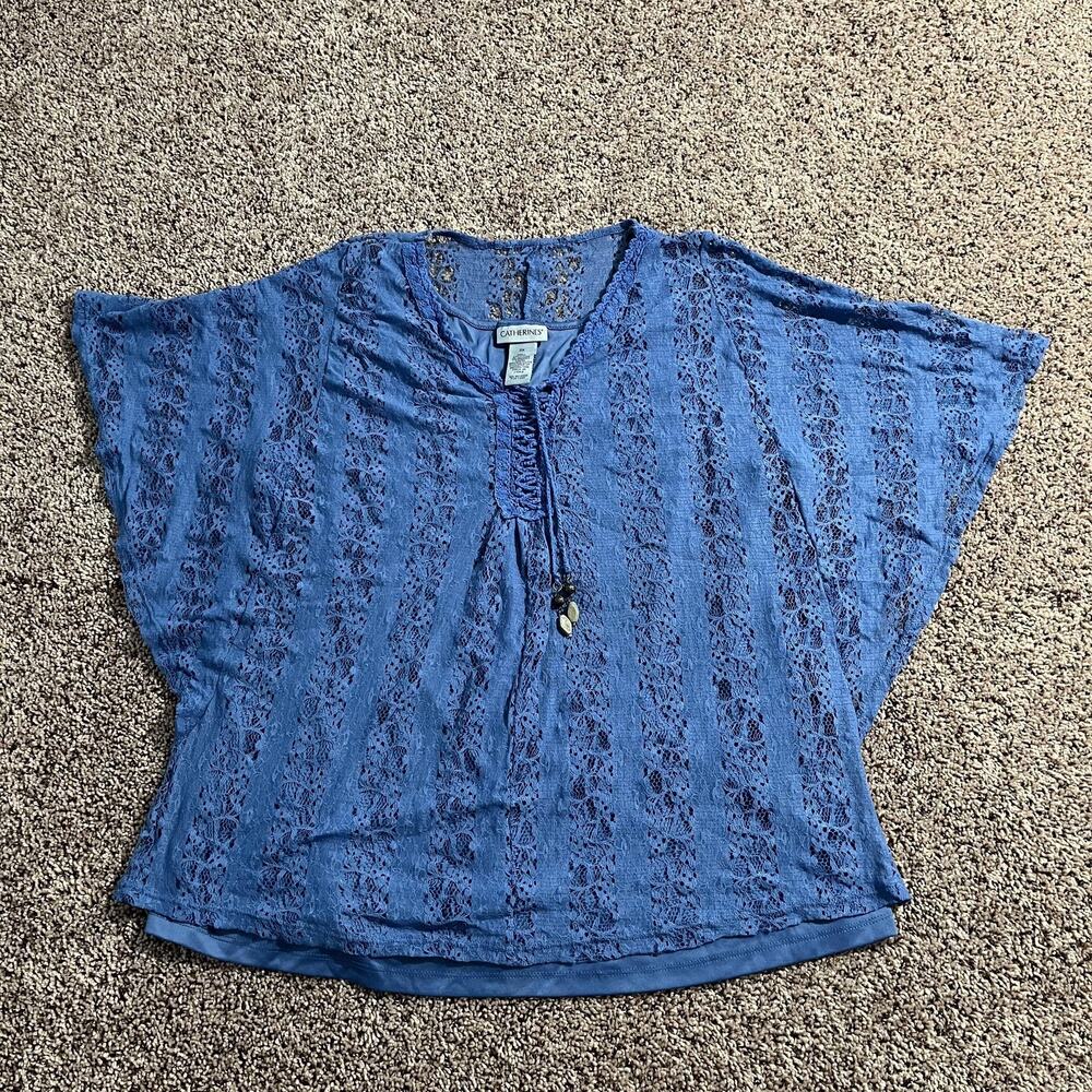 Catherines Tunic Top Womens OX Blue Lace Crochet Boho Pullover Sheer Embellished